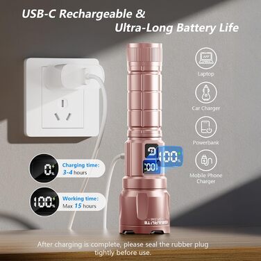 LED ліхтарик Gearlite, 6000 люмен, тактичний, з регулюванням фокусу, 3 режими, водонепроникний IP65, для кемпінгу, риболовлі, надзвичайних ситуацій, походів (рожевий)