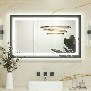 Дзеркало для ванної кімнати Keonjinn з підсвічуванням, чорний металевий каркас 60x80 см, LED, сенсорне керування, 3 кольори світла, регулювання яскравості, антивсмогування, настінне