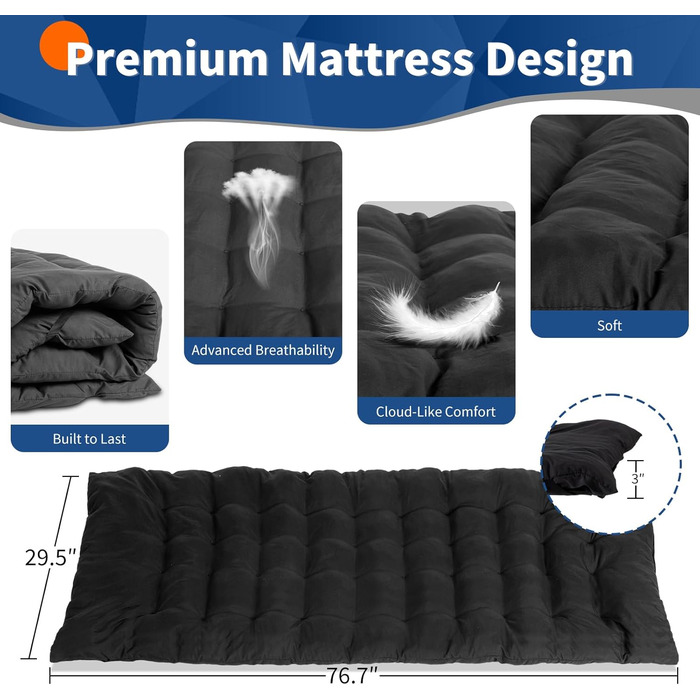 Ліжко похідне розкладне LEADZM з матрацом, 190x71x36 см, сталевий каркас, для кемпінгу, туризму та дому, чорне