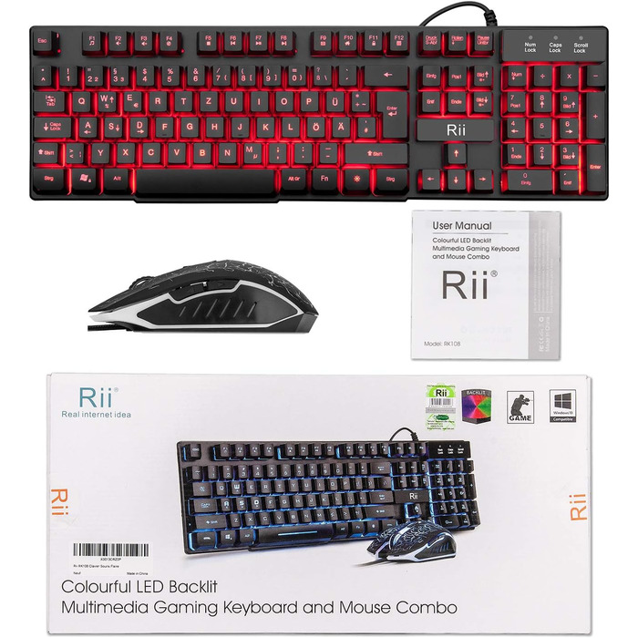 Rii Комплект клавіатури та миші для геймінгу та офісу, RGB підсвічування, сумісний з ПК (DE-розкладка, чорний)