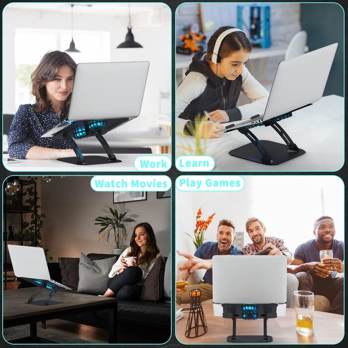 Регульований підставка для ноутбука з RGB вентилятором, алюмінієвий, чорний. Сумісна з MacBook та ноутбуками 10-17'