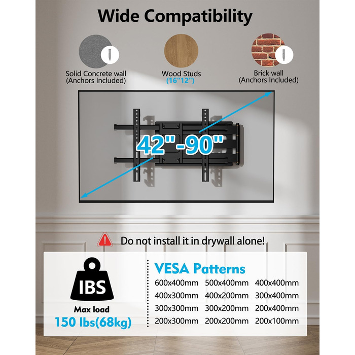 Настінне кріплення для телевізора HY-Bracket поворотне, для LED, OLED, 4K, 37-80 дюймів, чорне
