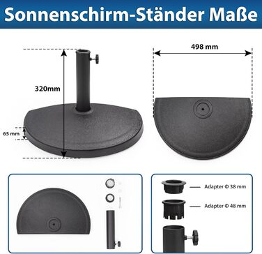 Paramondo Half-Round Umbrella Stand - Weatherproof umbrella stand with mast thickness 35-50 mm, including adapter, balcony stand, 9 kg, black