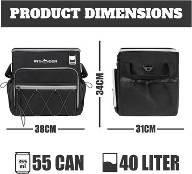 Сумка-холодильник INSMEER 40L з колесами, для пляшок, водонепроникна, чорна - для пляжу, кемпінгу, пікніка, покупок