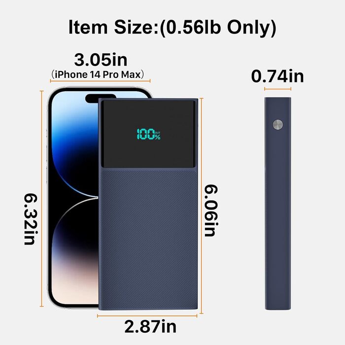 Портативний зарядний пристрій Power Bank 13000mAh з 2 вбудованими кабелями, LED-дисплеєм, підтримкою швидкої зарядки PD, сумісний з iPhone, Android та іншими пристроями (1 шт) - (Блакитний)