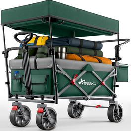 TRESKO® Вагончик-візок складний з дахом, кишеньою-холодильником та бічними шторками | Ручний візок, вантажопідйомність до 150 кг | Візок для перевезення з повного гумового покриття та гальмами (передні та задні) та 3-точкова система ременів безпеки (зелений)