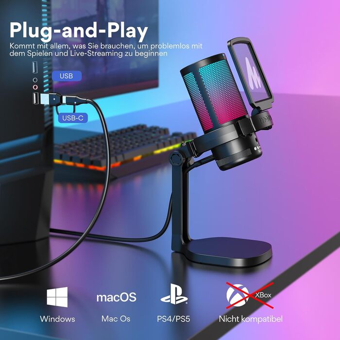 MAONO DGM20 Чорний USB Мікрофон для Ігор з Поп-фільтром та Керуванням Гучності - для Стрімінгу, Подкастів, Twitch, YouTube, Discord, PC, Mac, PS4/PS5