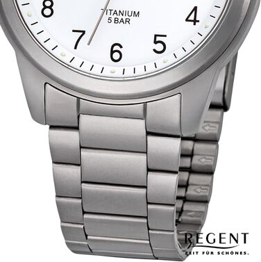 Чоловічий годинник REGENT з титановим браслетом та корпусом 36 мм, кварцовий, арабські цифри, дата (білий)
