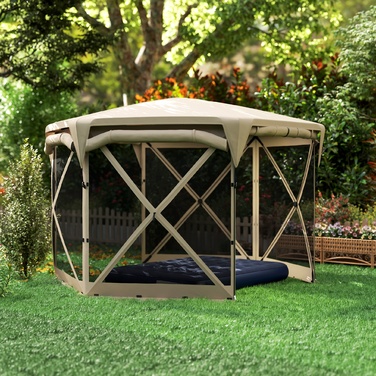 Outsunny Hexagonal Gazebo approx. 3.5x3m Pop-up Folding Gazebo with Removable Roof UV 30+ Foldable Waterproof Party Tent Garden Tent with 5 Side Panels Garden Gazebo for Camping Garden Festival, Khaki | Aosom