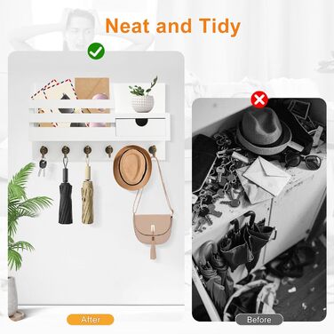 Дерев'яне ключниця з полицею та шухлядою, 6 гачків, для прихожей, офісу, на стіну (білий)