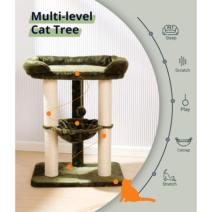 Драбина-кіготь для котів Happi N Pets 71 см, зелена: стабільна, з ліжком та гамаком, обтягнута сизалем