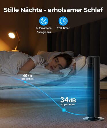 Вентилятор підлоговий електричний Turmventilator з пультом, 90° поворот, 4 швидкості/режими, таймер 12 год, чорний