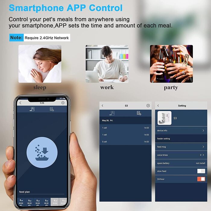 WellToBe Автоматичний годівниця для котів та собак з Wi-Fi, таймер, запис голосу, керування через додаток, до 6 прийомів їжі на день (Чорний)