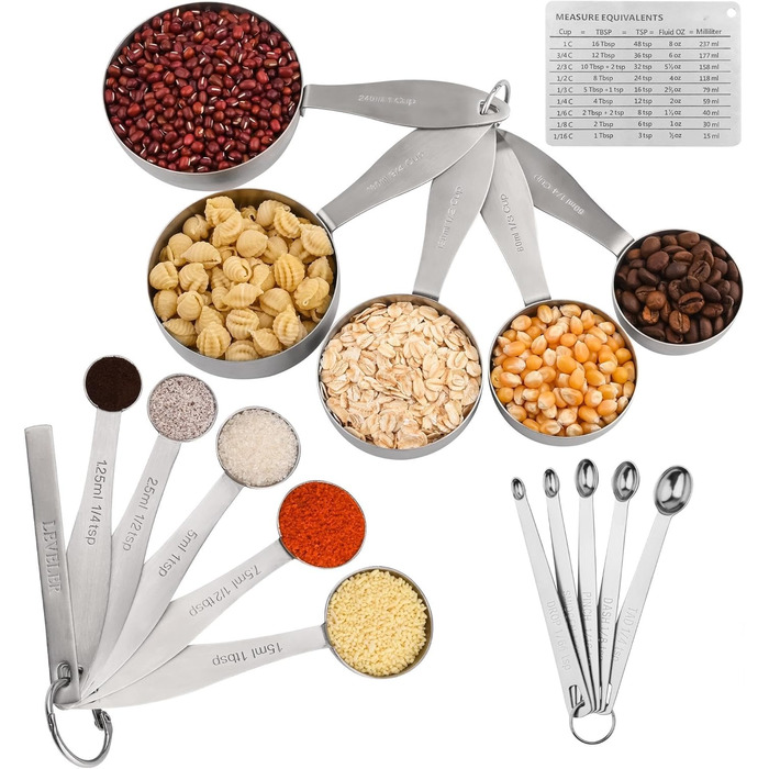 Measuring cup and spoon set, robust, stainless steel measuring cups and spoons, 20 pieces: 5 measuring cups, 6 measuring spoons, 5 mini measuring cups, conversion chart for measuring cups and spoons.
