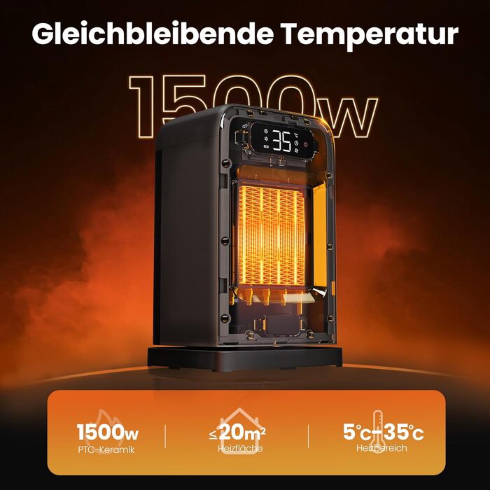 Портативний обігрівач FLANUR з термостатом, 1500W, PTC-кераміка, ECO-режим, 2-в-1, цифровий дисплей, таймер 12 годин, тихий (35dB), білий, 1 шт + 2 режими (чорний)