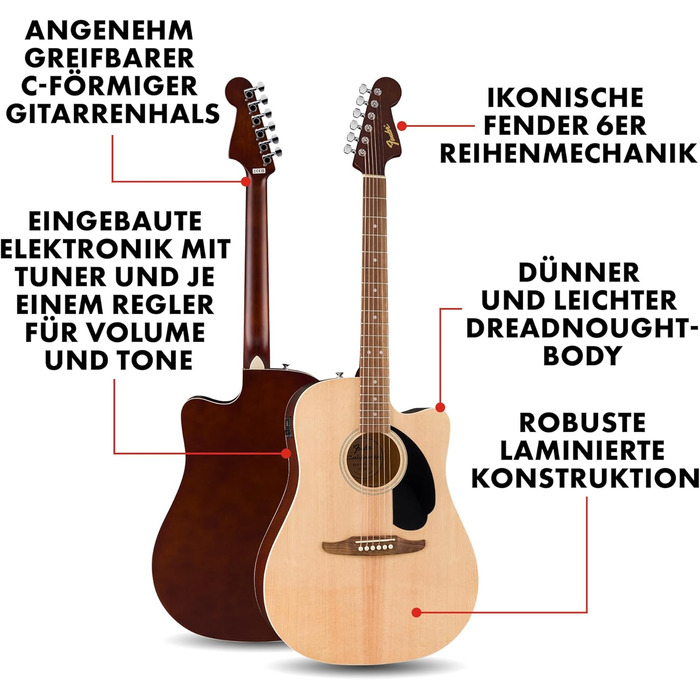 Акустична гітара Fender California Debut Redondo Dreadnought з Cutaway CE, Fichtendecke, чорним пікгардом, Natural, електроакустична гітара CA Natural