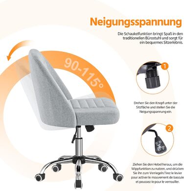 Офісне крісло Yaheetech без підлокітників, обертове з роликами, регульоване по висоті, для роботи та макіяжу (сірий, тканина)