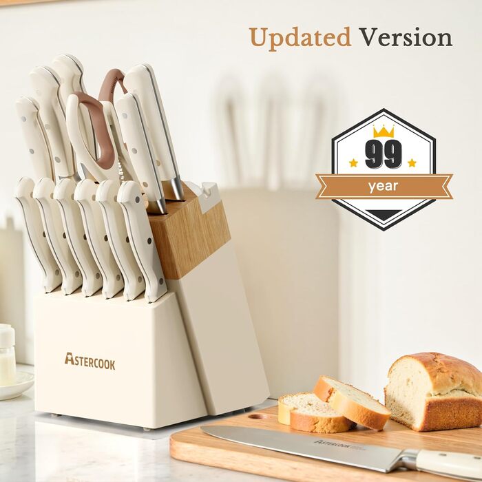 Набір кухонних ножів Astercook 14 предметів: ніж для м'яса, овочів, хліба, блок для зберігання, точилка, нержавіюча сталь, кремовий колір, антиковзкий ергономічний дизайн