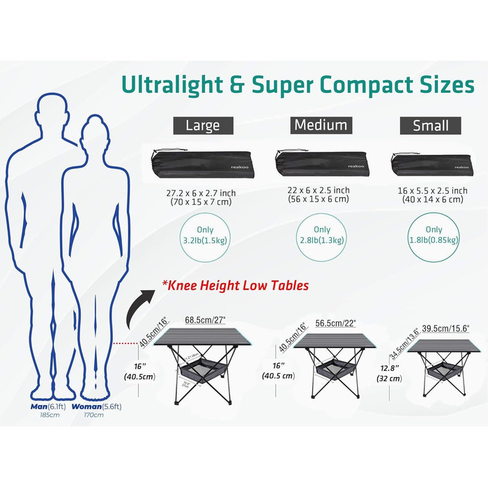 Складаний туристичний стіл Reakoo з алюмінієвою платформою, легкий та компактний. Ідеально для кемпінгу, пляжу, пікніків, грилю та фестивалів. Великий розмір.