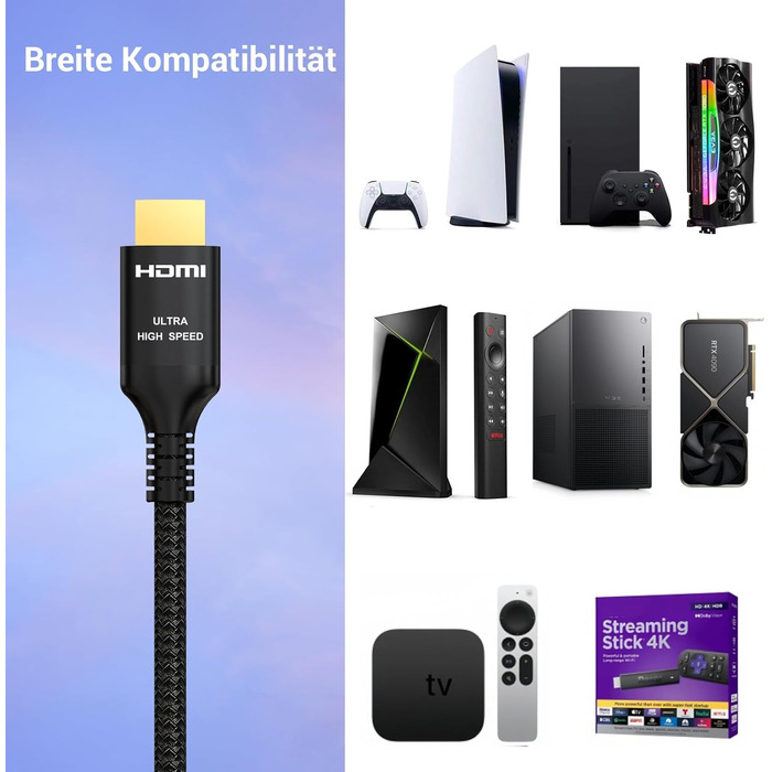 HDMI 2.1 кабель Etseinri 2 метри, 48Gbps, 4K 240Hz, 8K, eARC, HDCP2.3, HDR, Dolby Atmos, Vision для моніторів, телевізорів, проекторів, чорний