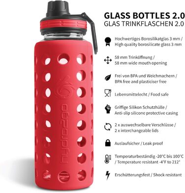Пляшка для води Hydro2Go Glas Urban Red 2.0 950 мл з силіконовим чохлом та соломинкою, BPA-free, герметична, для посудомийної машини