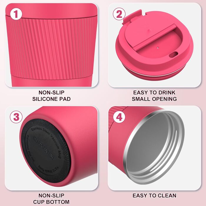 Термокружка для кави з кришкою 380мл, з подвійними стінками, з нержавіючої сталі, для гарячих та холодних напоїв (Рожевий)