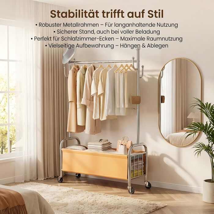 Вішалка для одягу сталева з кошиком для зберігання, навантаження до 115 кг, 3-в-1, для спальні та передпокою UP-R02