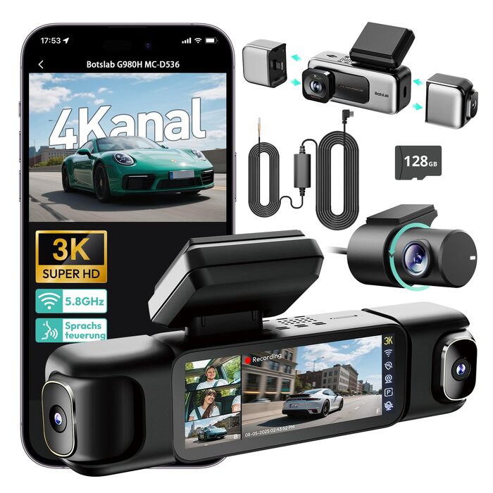 Автомобільний відеореєстратор BOTSLAB G980H 4-канальний 360° з GPS, 5.8GHz WiFi, IPS-екраном 3.18