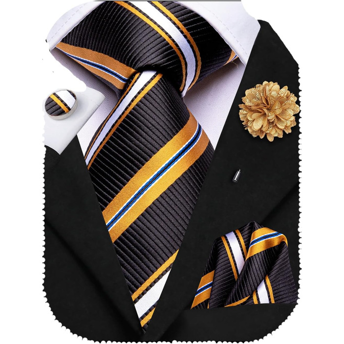 Чоловіча краватка Hi-Tie з краватковою галстуком та нагрудною хустинкою (смугаста темно-синя з золотом)