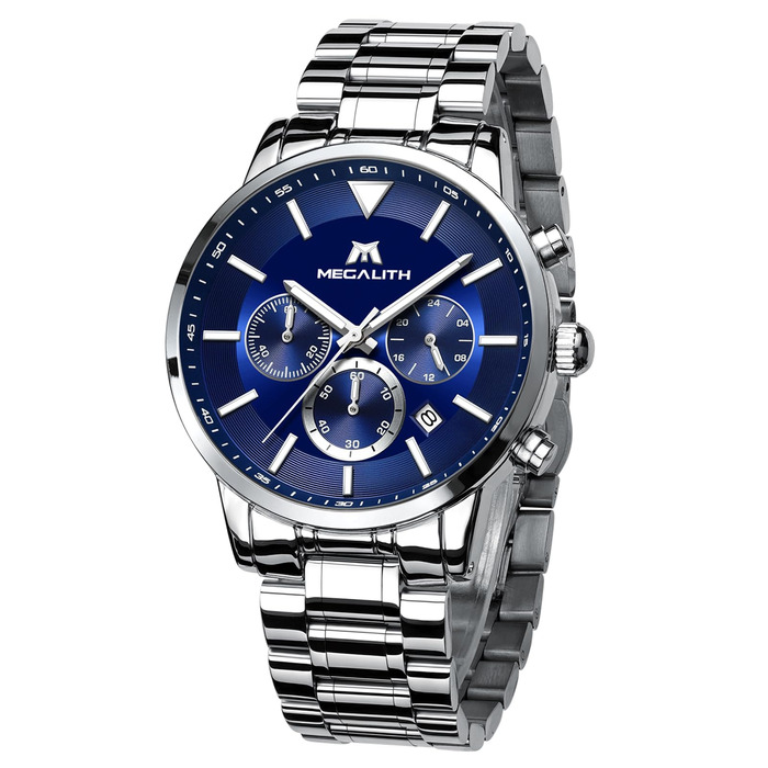 Чоловічий годинник MEGALITH з нержавіючої сталі, хронограф, водонепроникний, з великим циферблатом, датою, для роботи та відпочинку. Стильний подарунок для чоловіків (8345 Silver Blue)