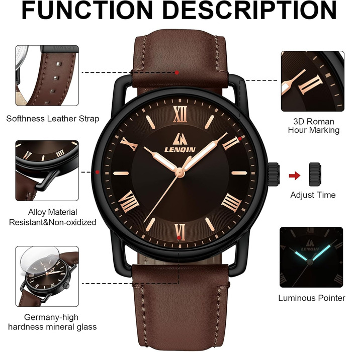 Чоловічий годинник LN LENQIN: аналоговий кварцовий годинник для чоловіків, водостійкий (30м), шкіряний ремінець, чорний/коричневий, бізнес-стиль