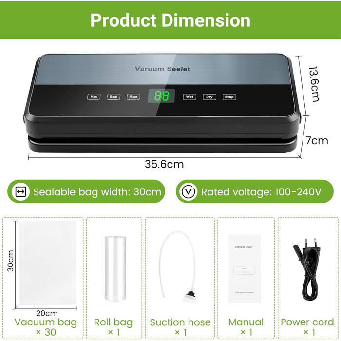 Вакуумний пакувальник 6-в-1 з мішками та рулонами, вбудований різак