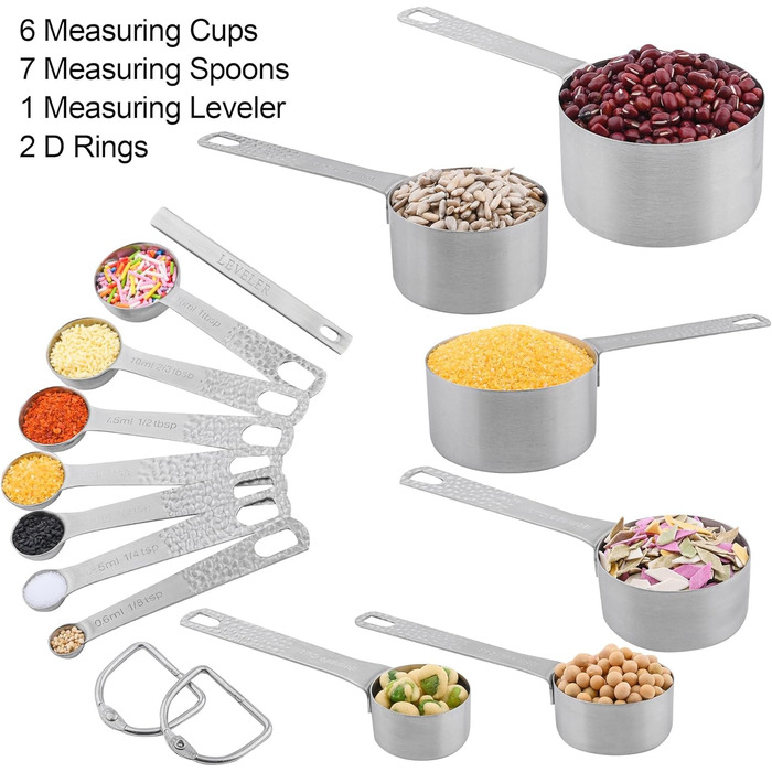 Viwehots Measuring Cups and Spoons, 14 Piece, 18/8 Stainless Steel Measuring Cups and Spoon Set, 6 Metric Measuring Cups and 7 Spoons, 1 Level, Dry Measuring Cups and Spoon Set for Baking and Kitchen