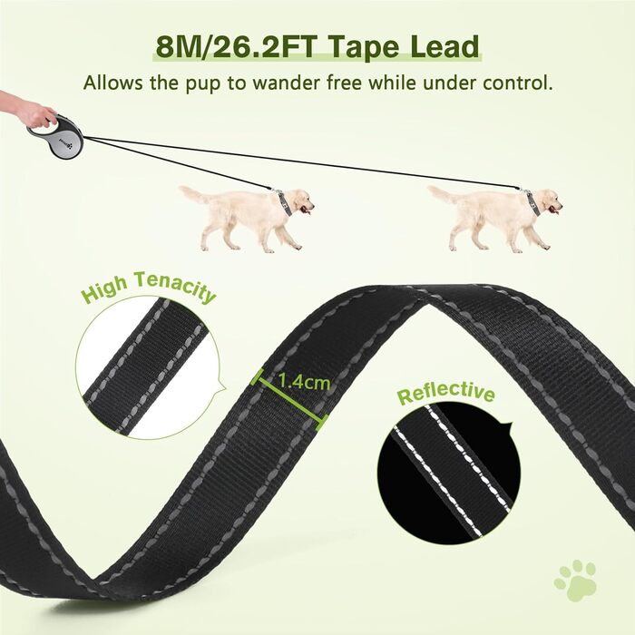 Рулетка для собак Pecute 8м, 50 кг, зелена/сіра, антизаплутування, швидке гальмування