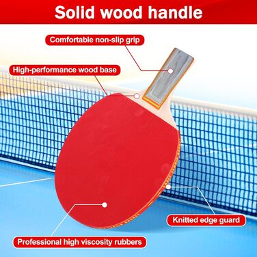 Набір для пінг-понгу JurciCat: 2 ракетки, 3 м'ячі, сумка. Підходить для гри в приміщенні та на вулиці.