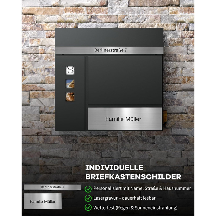Поштовий ящик Anthrazit з гравіюванням, персоналізований, нержавіюча сталь, з відділенням для газет та замком (2 ключі) | Поштовий ящик з іменним шильдиком та номером будинку
