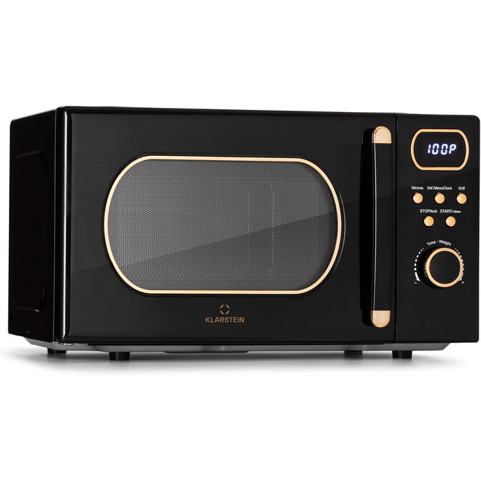 Мікрохвильова піч Klarstein з грилем, 800 Вт, 20 л, нержавіюча сталь, чорний колір, з функціями розморожування та приготування піци, з обертовим столом, компактна, проста у використанні