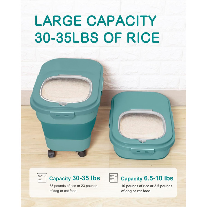 Контейнер для зберігання рису, складний, на колесах, з герметичним кришкою, мірний стакан та лопатка, для продуктів, рису, кормів для тварин, борошна, темно-зелений, 9-13,6 кг