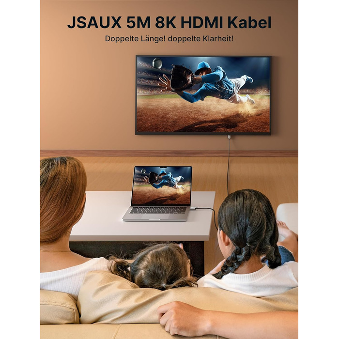 Кабель HDMI 8K JSAUX 5м, HDMI 2.1, Ultra High Speed 48Gbps, 8K@60Hz, 4K@120Hz, eARC, HDR10, HDCP 2.2/2.3, 3D, сумісний з PS5/PS4/X-Box/UHDTV/Blu-ray Player/Монітор, чорний