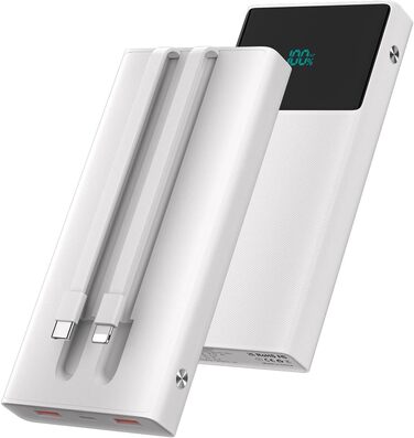 Портативний зарядний пристрій Power Bank 13000mAh з 2 вбудованими кабелями та LED-дисплеєм. Швидка зарядка PD для iPhone, Android та інших пристроїв.