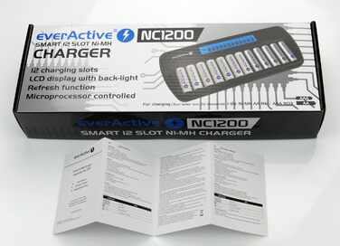 Зарядний пристрій everActive для 12 акумуляторів AAA/AA, швидка зарядка (4 години), LCD дисплей, режим оновлення, адаптер для автомобіля, модель NC-1200