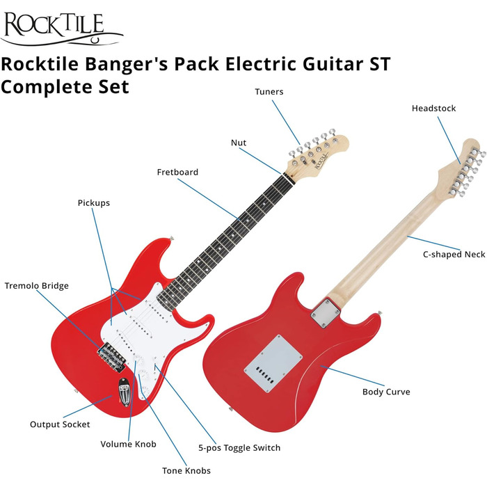 Електрогітара Rocktile ST-Pack Red Комплект (підсилювач, тюнер, тремоло, чохол, кабель, ремінь, медіатори, запасні струни та навчальний матеріал з CD/DVD)