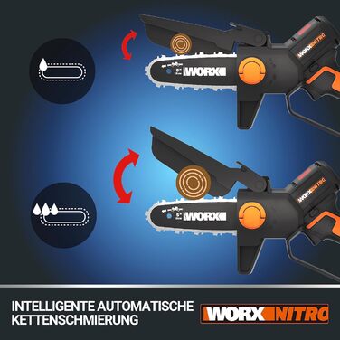 WORX WG325E Nitro Mini акумуляторна бензопила 20V, одноручна пила для гілок, Brushless двигун, 5650 об/хв, довжина різу 12 см, легка та компактна, автоматичне змащення ланцюга (з акумулятором 2Ah та зарядним пристроєм)