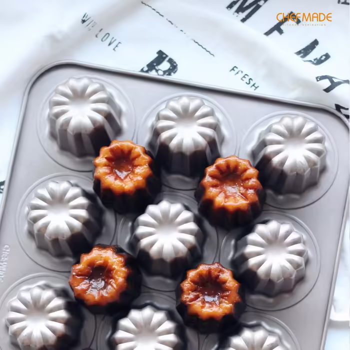 CHEFMADE Canelé Baking Mold, 12-Cavity Non-Stick Canelé Muffin/Cupcake Pan for Oven Baking (Champagne Gold)