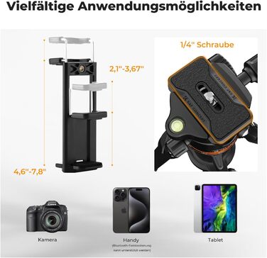 Штатив K&F Concept S255A3+BH-36, 190 см, для камери/DSLR/Camcorder, з тримачем для смартфона/планшета, чорний