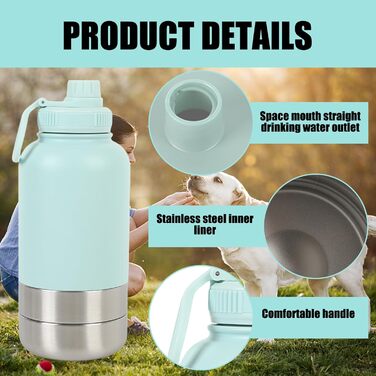 Термофляга для собак 950 мл 3-в-1 з мискою та водопоєм, з нержавіючої сталі, для подорожей та активного відпочинку (Блакитний, L)