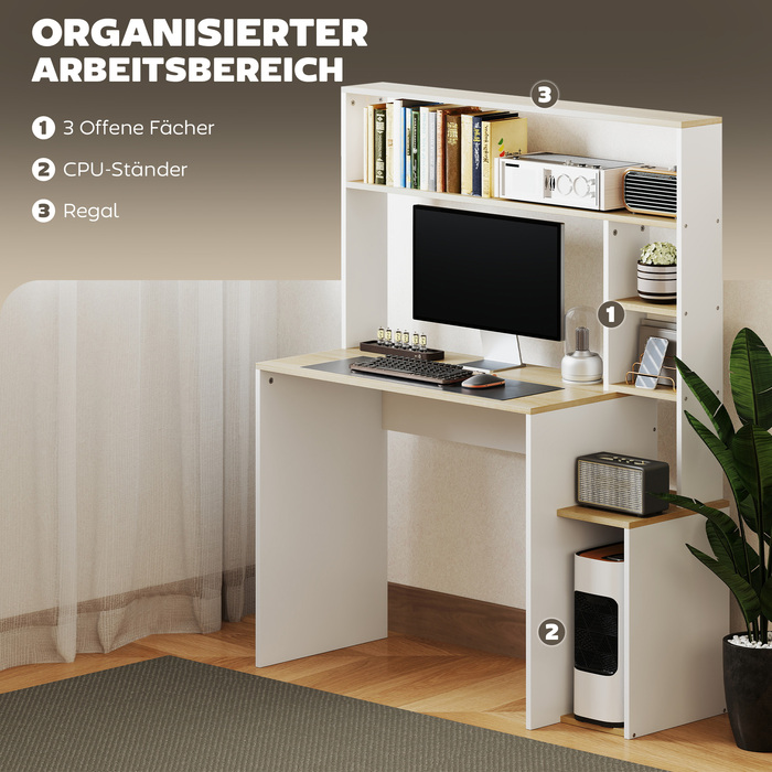 HOMCOM Desk 113 x 45 cm Computer Desk Office Desk with Open Shelves, CPU Stand, Steel Frame for Home Office, Bedroom Oak | Aosom