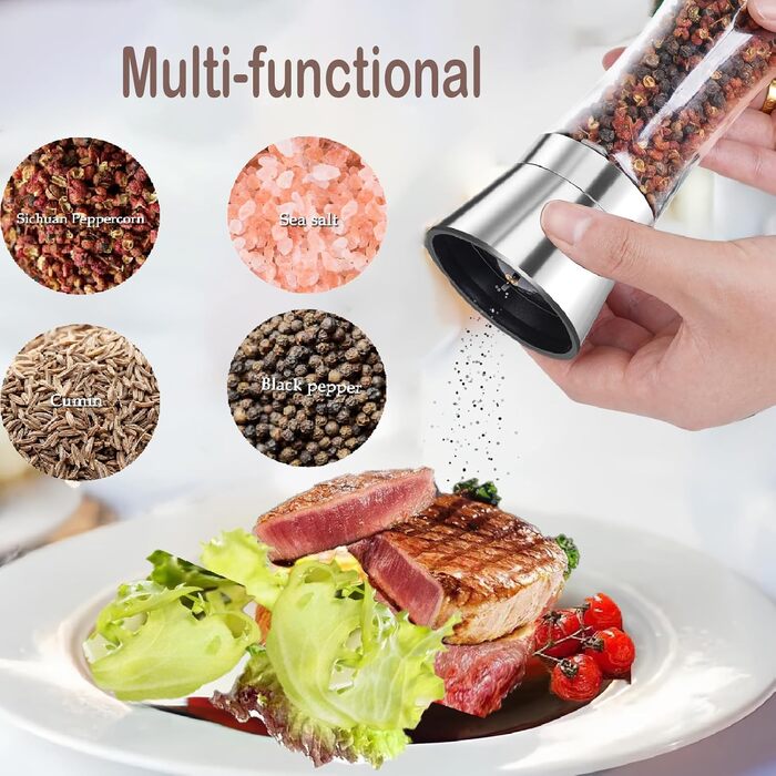 Набір з 2 мельниць для солі та перцю з регульованим керамічним жорном, для спецій, нержавіюча сталь та скло, 19 см