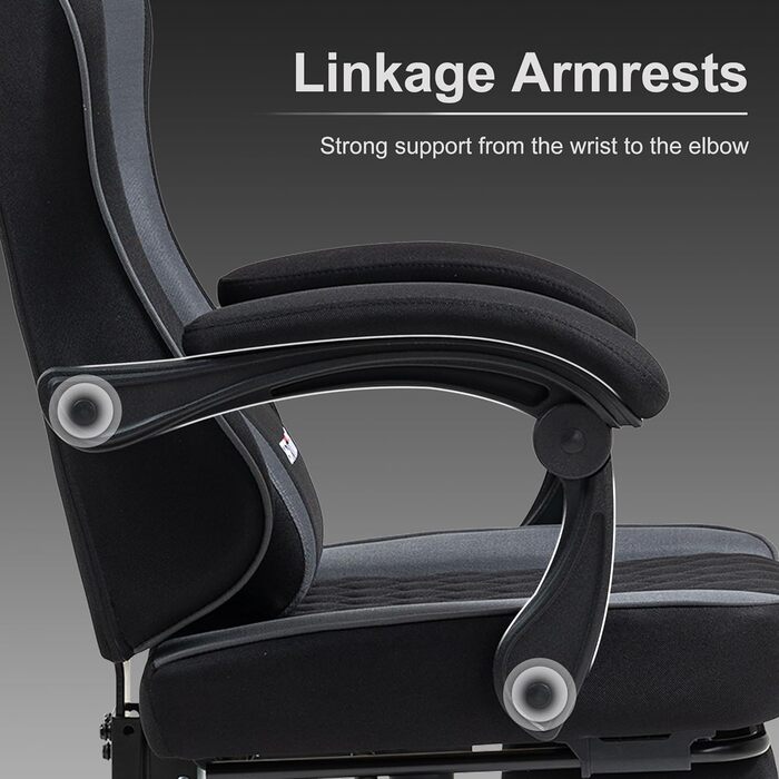 Геймерське крісло Racing Ergonomic Stoff – чорно-сіре з підставкою для ніг та регульованою спинкою (135°)
