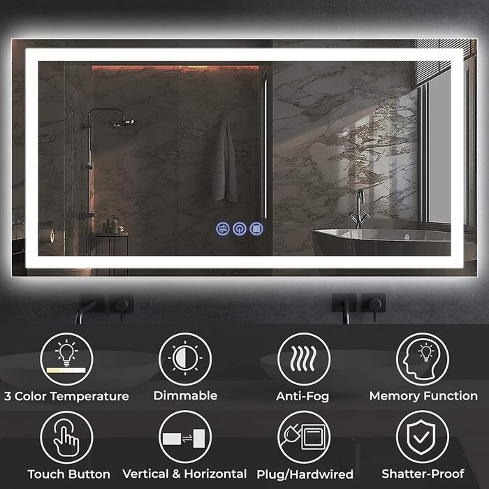Дзеркало для ванної кімнати з підсвічуванням 100x60 см, сенсорне керування, IP65, 3 колірні температури, HD скло, вертикальна/горизонтальна орієнтація, Faw Halo Double